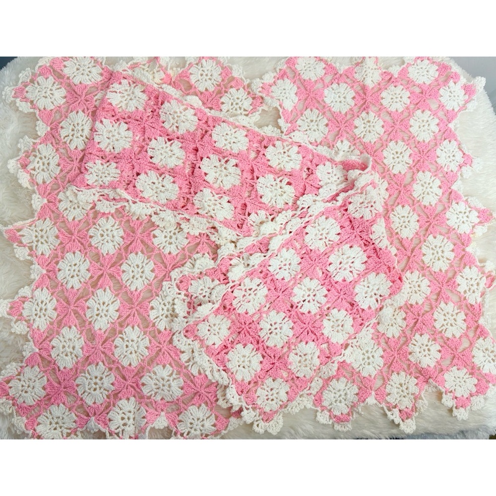 (3) Vintage 50s Handmade Pink/White Crochet Vanity Bureau Scarfs, Sofa Covers